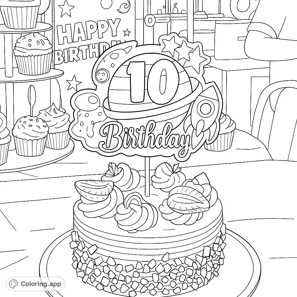 Celebrate with this fun birthday party coloring page featuring a festive cake with a space-themed topper, cupcakes, and a "Happy Birthday" banner.