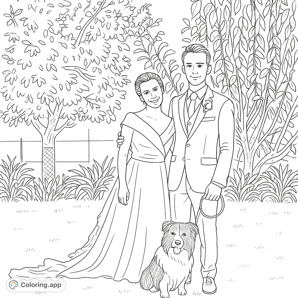 Celebrate love with this wedding couple and dog coloring page. A free printable coloring page featuring a happy bride, groom, and their furry friend in a garden.