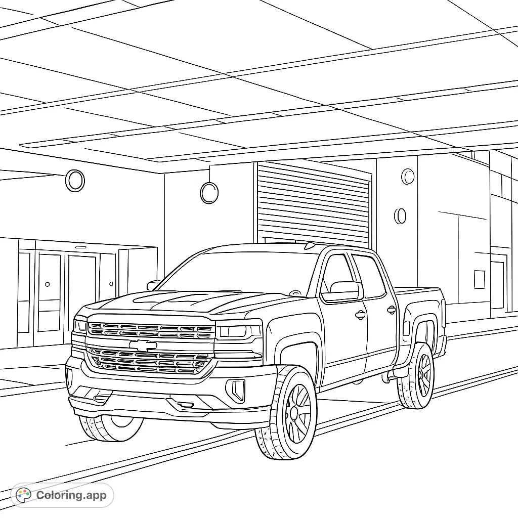 A detailed pickup truck coloring page in an urban setting, perfect for vehicle enthusiasts. Free printable for kids and adults.
