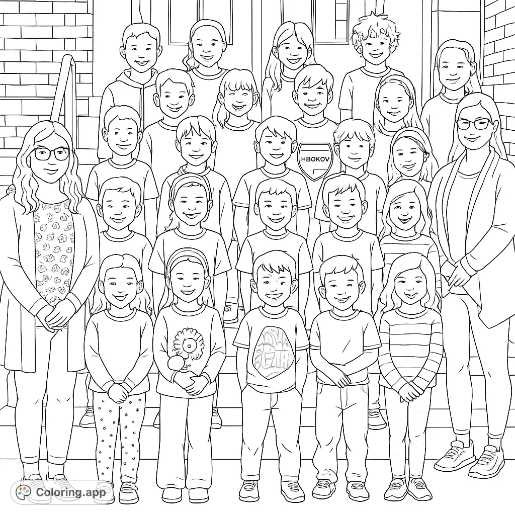 A joyful school group portrait coloring page featuring smiling children and teachers on steps. Perfect for celebrating community and diversity.