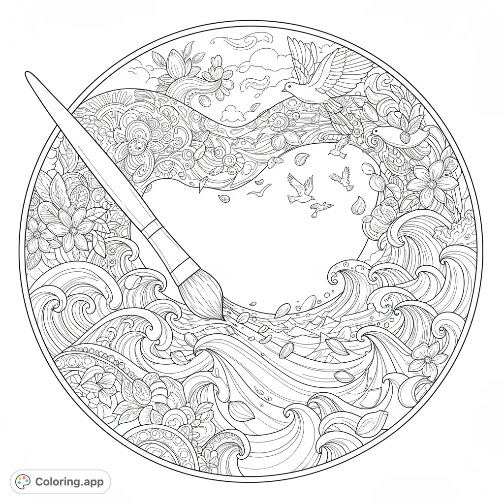 Immerse yourself in this artistic creation swirl coloring page, featuring a paintbrush stirring waves, flowers, and flying birds within a circular design. Free printable coloring page for all ages.