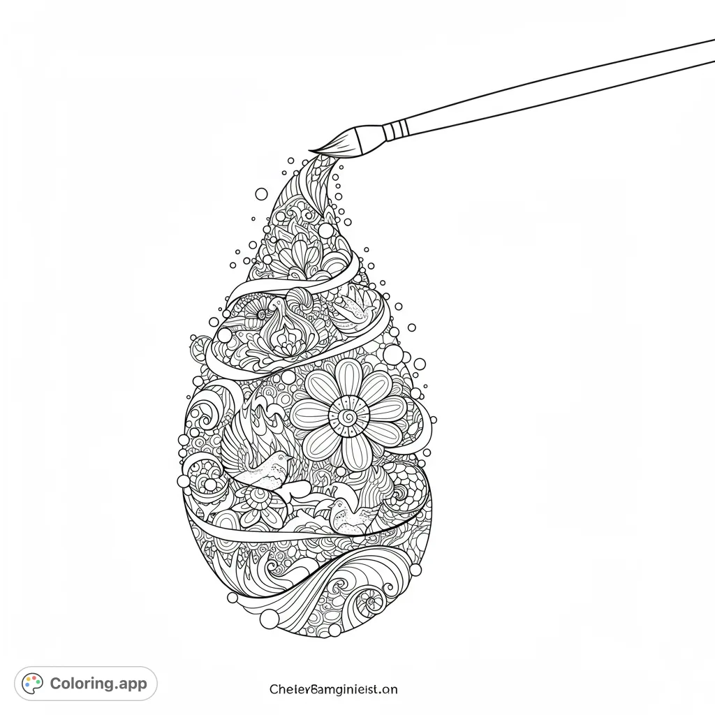 An intricate droplet filled with detailed floral patterns, swirling designs, and two birds, touched by a paintbrush. A beautiful artistic coloring page.