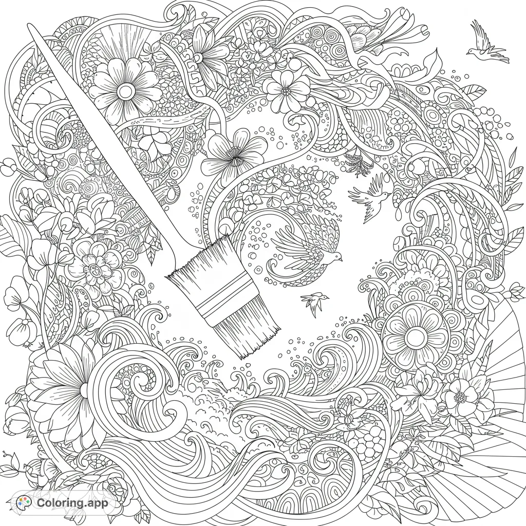 An intricate artistic coloring page featuring a paintbrush creating a burst of detailed flowers, swirling patterns, and flying birds. Perfect for creative minds.