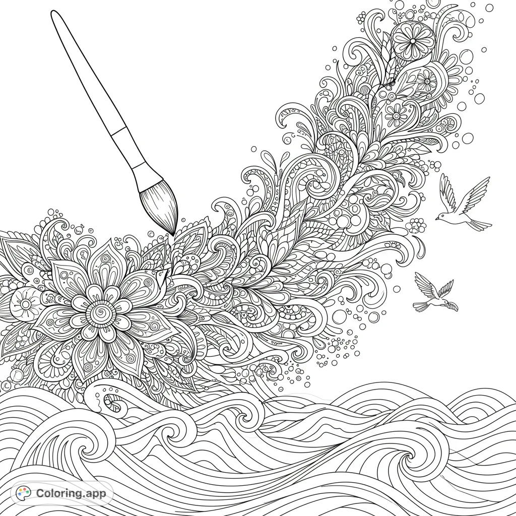 Unleash creativity with this intricate art-themed coloring page featuring a paintbrush creating a swirl of detailed flowers, abstract patterns, and ocean waves.