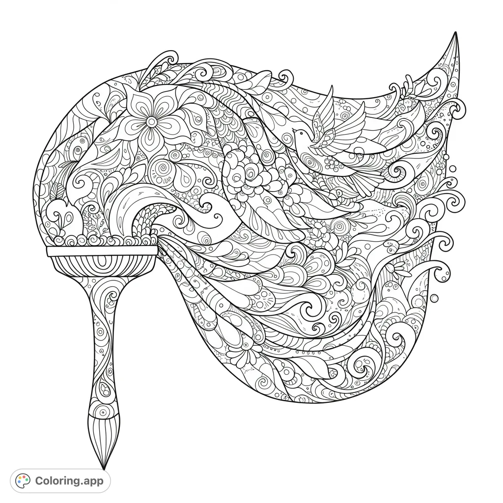 Unleash your creativity with this intricate artistic flow coloring page, featuring a paintbrush releasing a cascade of detailed patterns, flowers, and a graceful bird.
