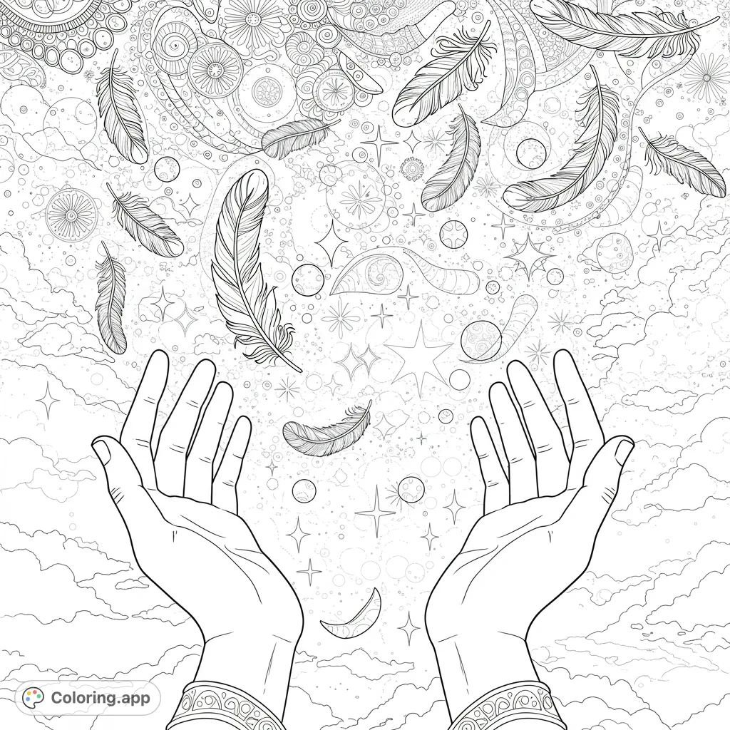 Discover a serene ethereal coloring page featuring open hands receiving delicate feathers amidst intricate mandala patterns, stars, and soft clouds. A free printable coloring page for mindful creativity.
