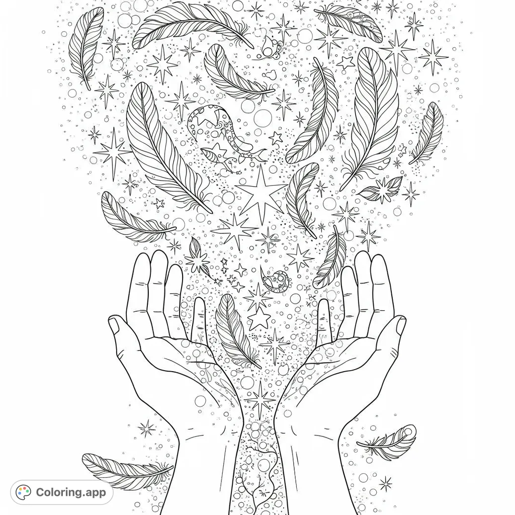 A mystical coloring page featuring open hands releasing a cascade of detailed feathers, sparkling stars, and magical dust. Perfect for relaxation.