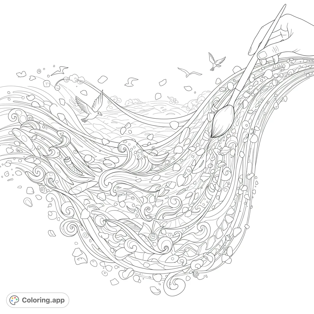 A hand paints a dynamic stream of water filled with pebbles and swirls, with birds flying in the background. A creative artistic flow.
