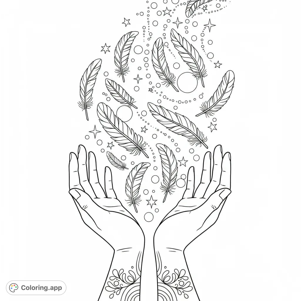 A serene coloring page featuring cupped hands releasing a magical cascade of feathers, stars, and circles. Perfect for mindful coloring.