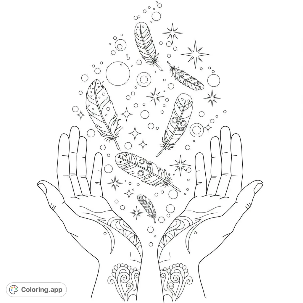 A mystical hands coloring page featuring cupped hands with intricate patterns, releasing a cascade of detailed feathers, stars, and circles.
