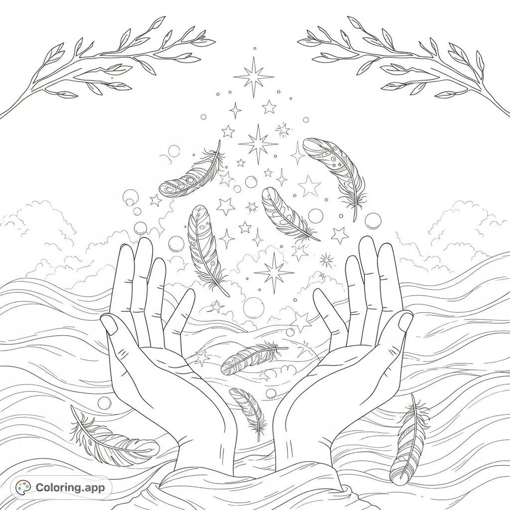 Discover a serene hands and feathers coloring page. Intricate details of floating feathers, stars, and flowing elements offer a calming creative escape.