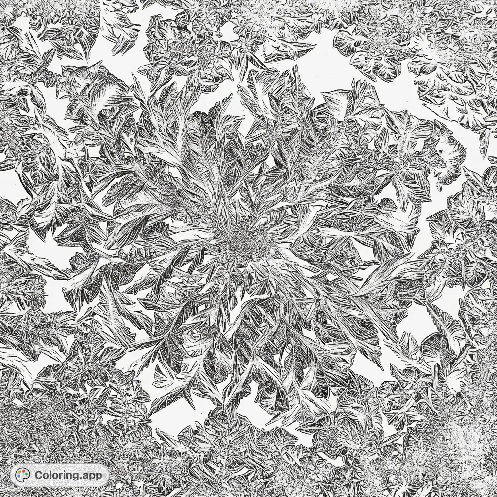 Explore an intricate fractal ice crystal bloom, a challenging free printable coloring page for adults. Perfect for detailed, meditative coloring.