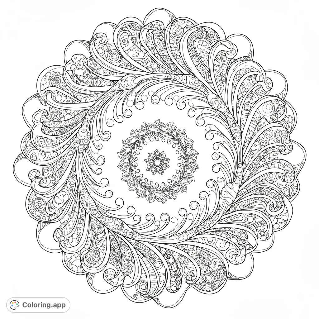 Unwind with an intricate swirling mandala design, featuring detailed feather-like patterns and delicate motifs. A free printable coloring page for all ages.