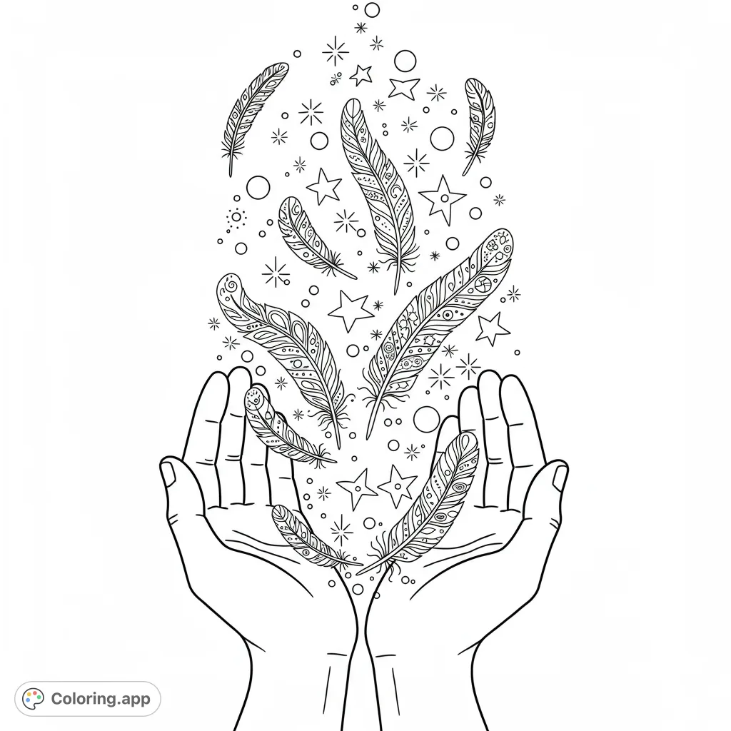 Discover a magical feather coloring page featuring hands holding an upward flow of intricately patterned feathers, stars, and sparkles. A free printable coloring page for all ages.