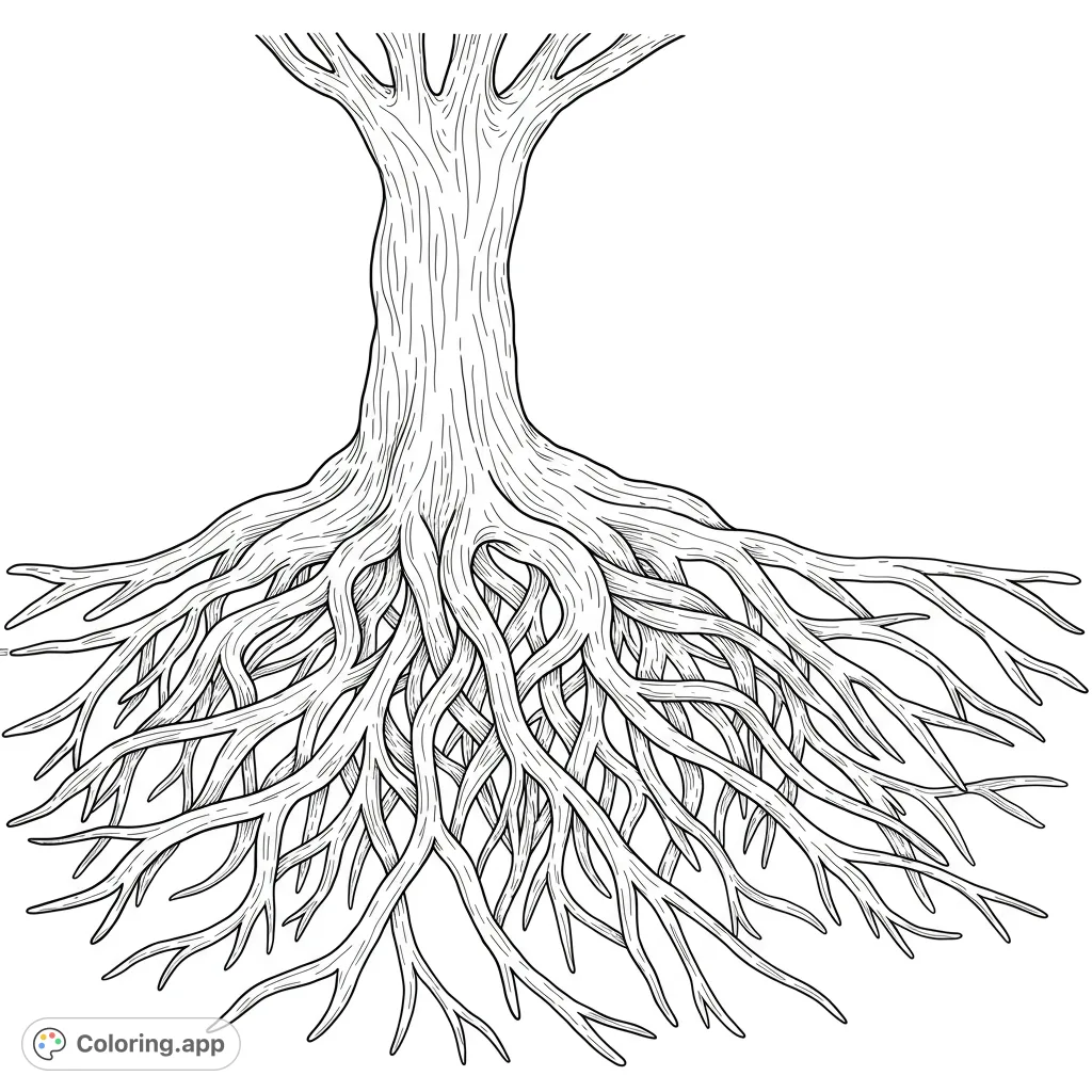 Explore the intricate beauty of a tree's foundation with this detailed roots coloring page. Perfect for nature lovers and mindful coloring.