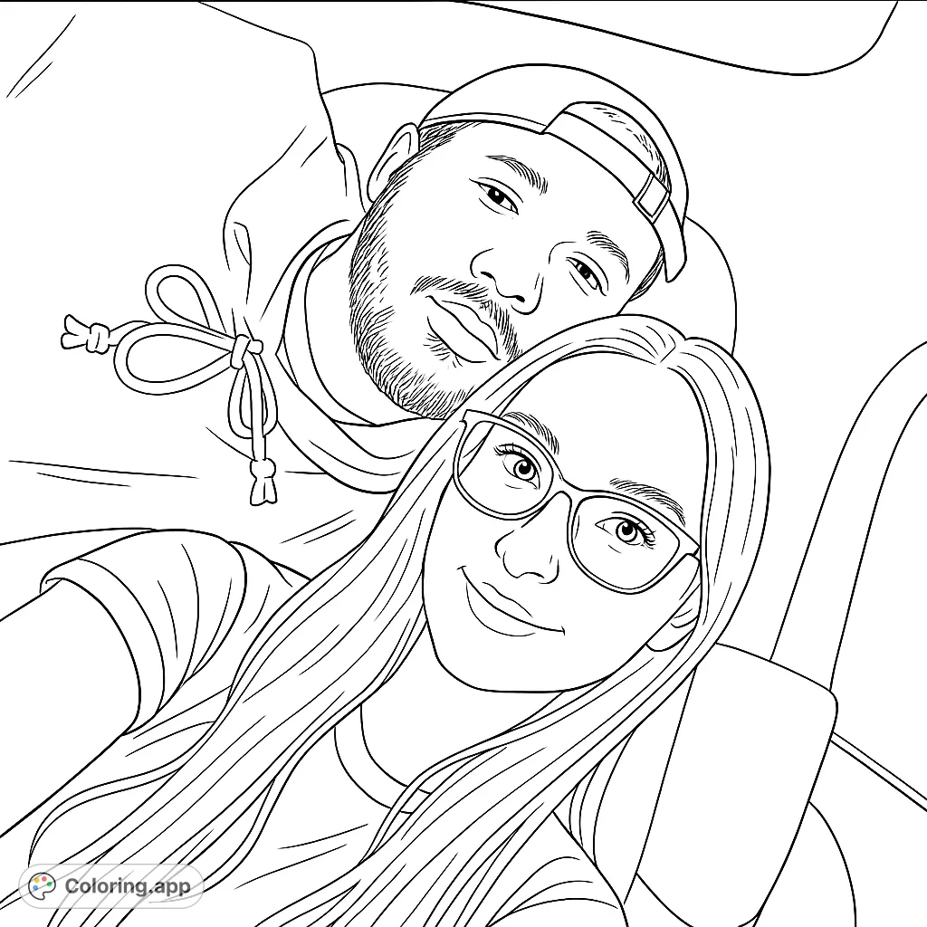 A heartwarming black and white line drawing of a happy couple taking a selfie, perfect for a personalized coloring experience. Free printable coloring page for all ages.