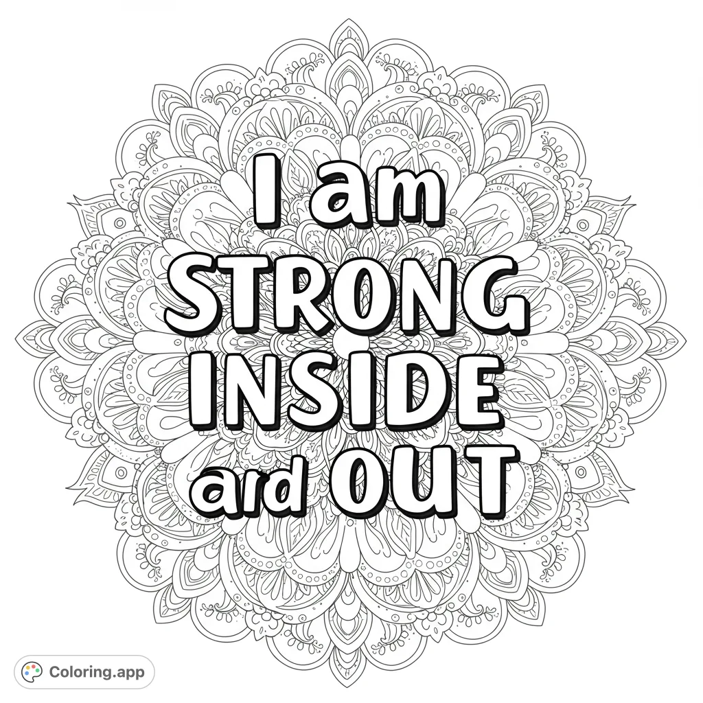 An empowering mandala coloring page featuring the phrase "I am STRONG INSIDE and OUT" amidst intricate, symmetrical patterns. Perfect for mindfulness and self-affirmation.
