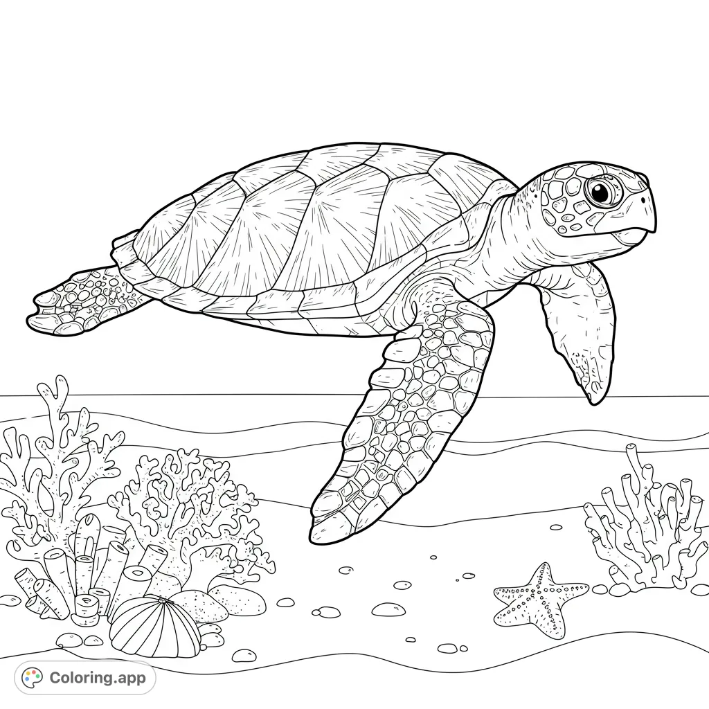 Dive into an ocean adventure with this sea turtle coloring page, featuring a majestic turtle swimming among vibrant coral and a starfish.
