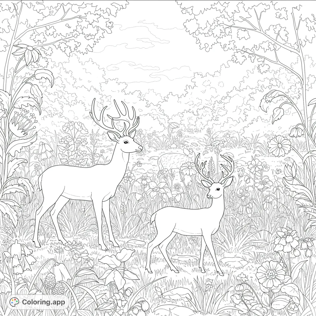 Discover two majestic deer amidst a lush, detailed forest. A free printable nature coloring page for all ages, perfect for relaxation.