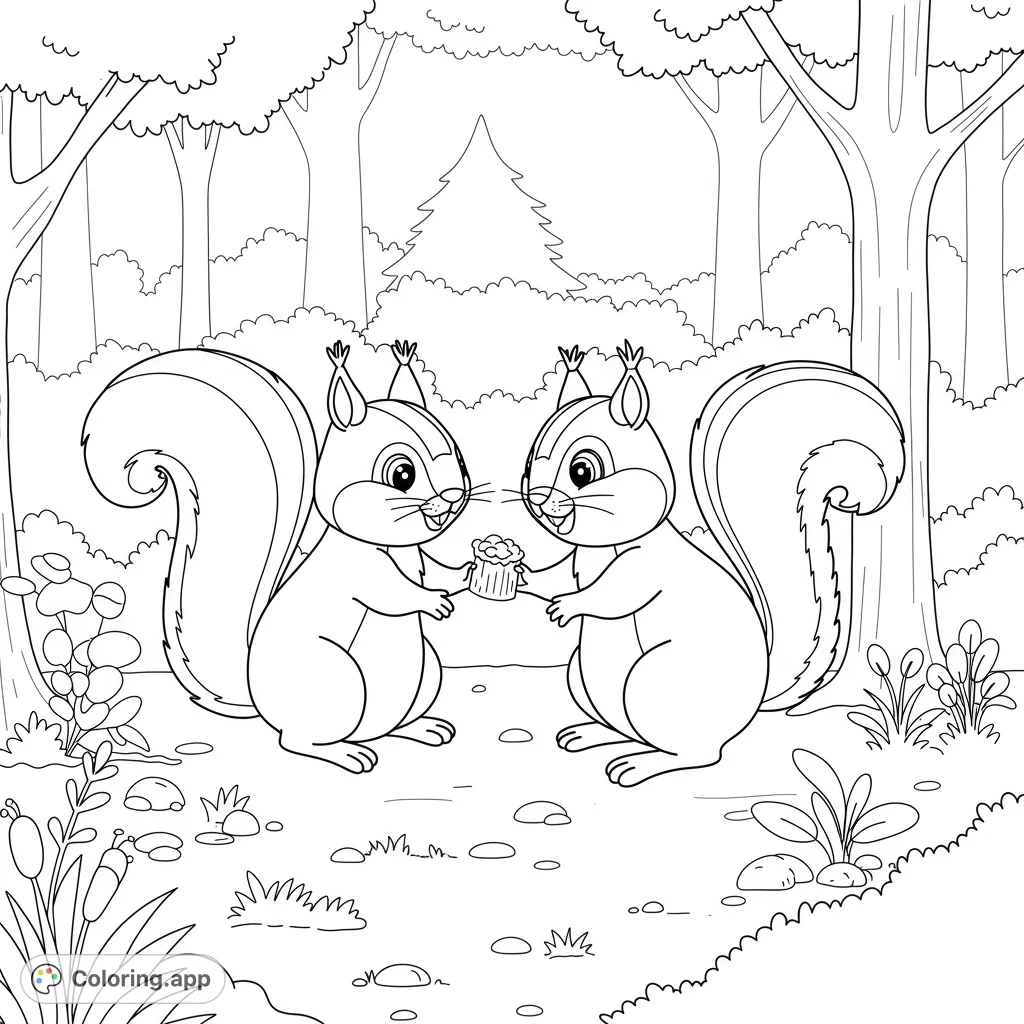 Two adorable squirrels share a sweet cupcake in a charming forest. A delightful free printable squirrel coloring page for kids and adults.