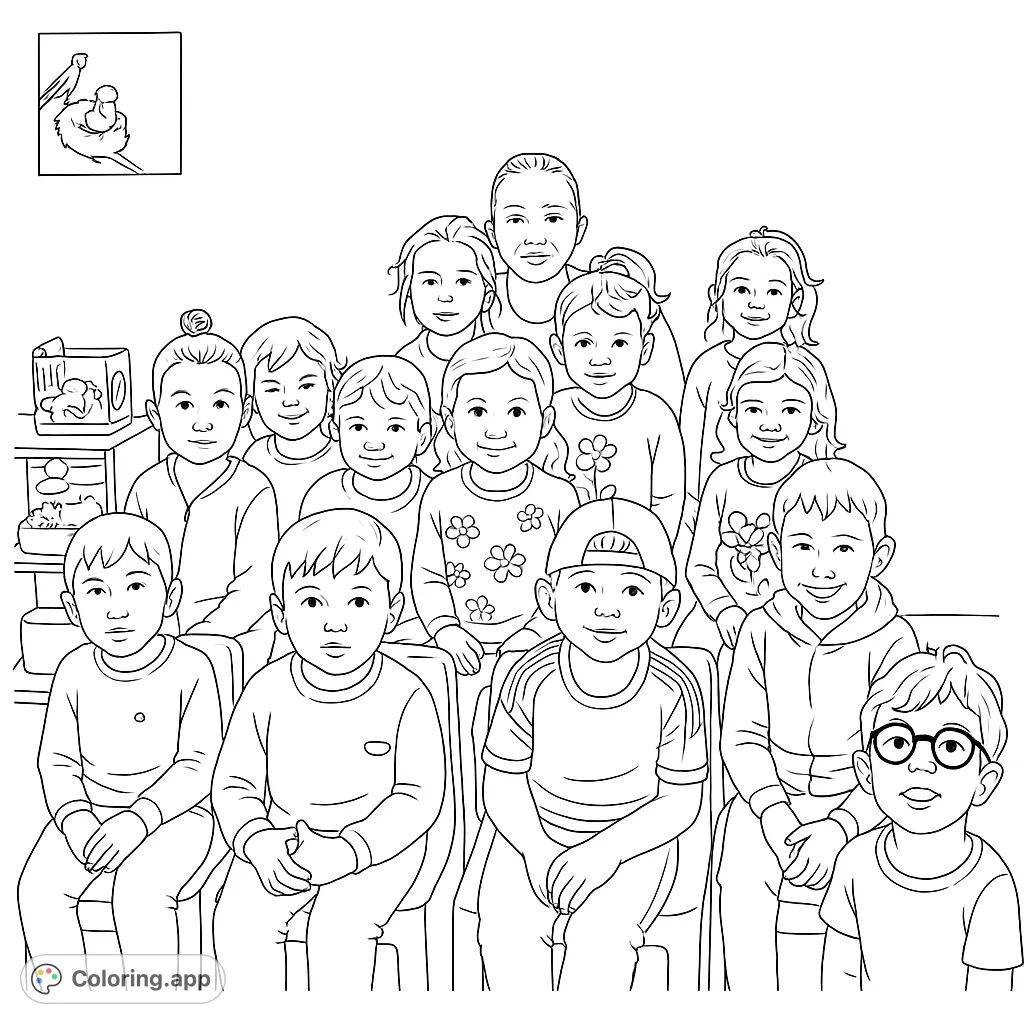 A heartwarming classroom group coloring page featuring a diverse group of smiling children and their teacher, perfect for school-themed fun.