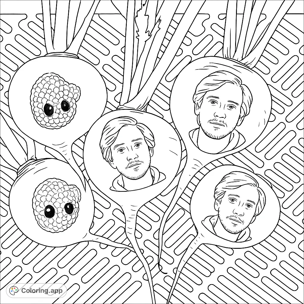 Unique root vegetable coloring page featuring human faces and cute berry creatures amidst a playful patterned background. Free printable fun!