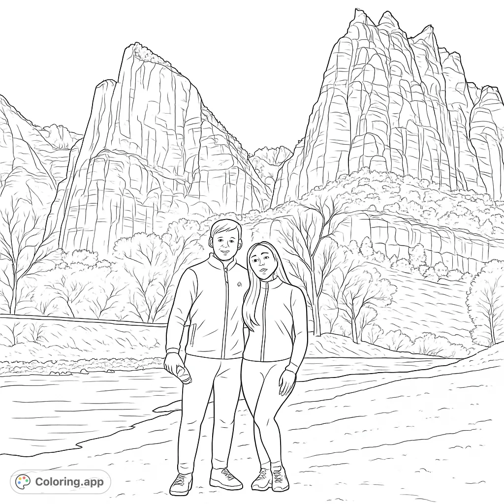 A couple stands before majestic mountains and a serene river. A beautiful nature coloring page for all ages, perfect for a relaxing creative escape.