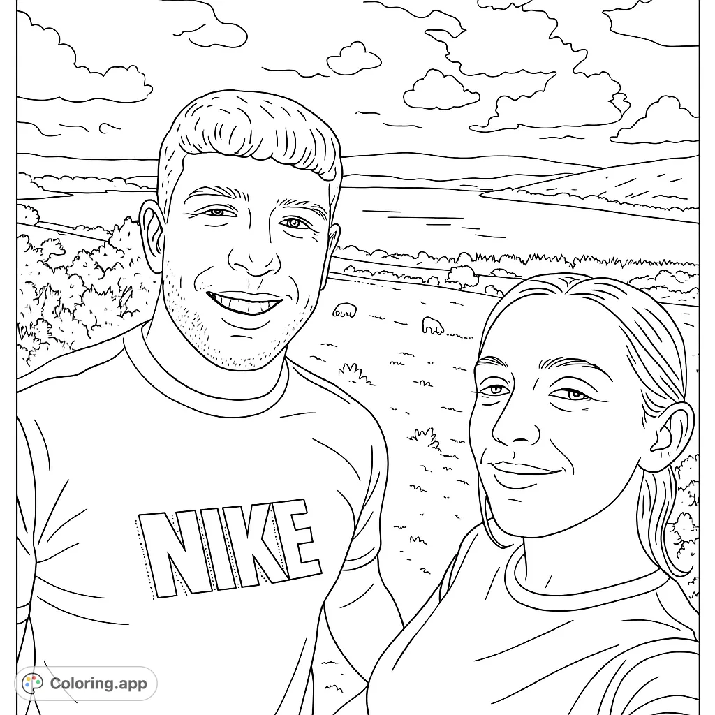 Capture joy with this free printable couple's landscape selfie coloring page. Features two smiling people against scenic hills, lake, and sheep.