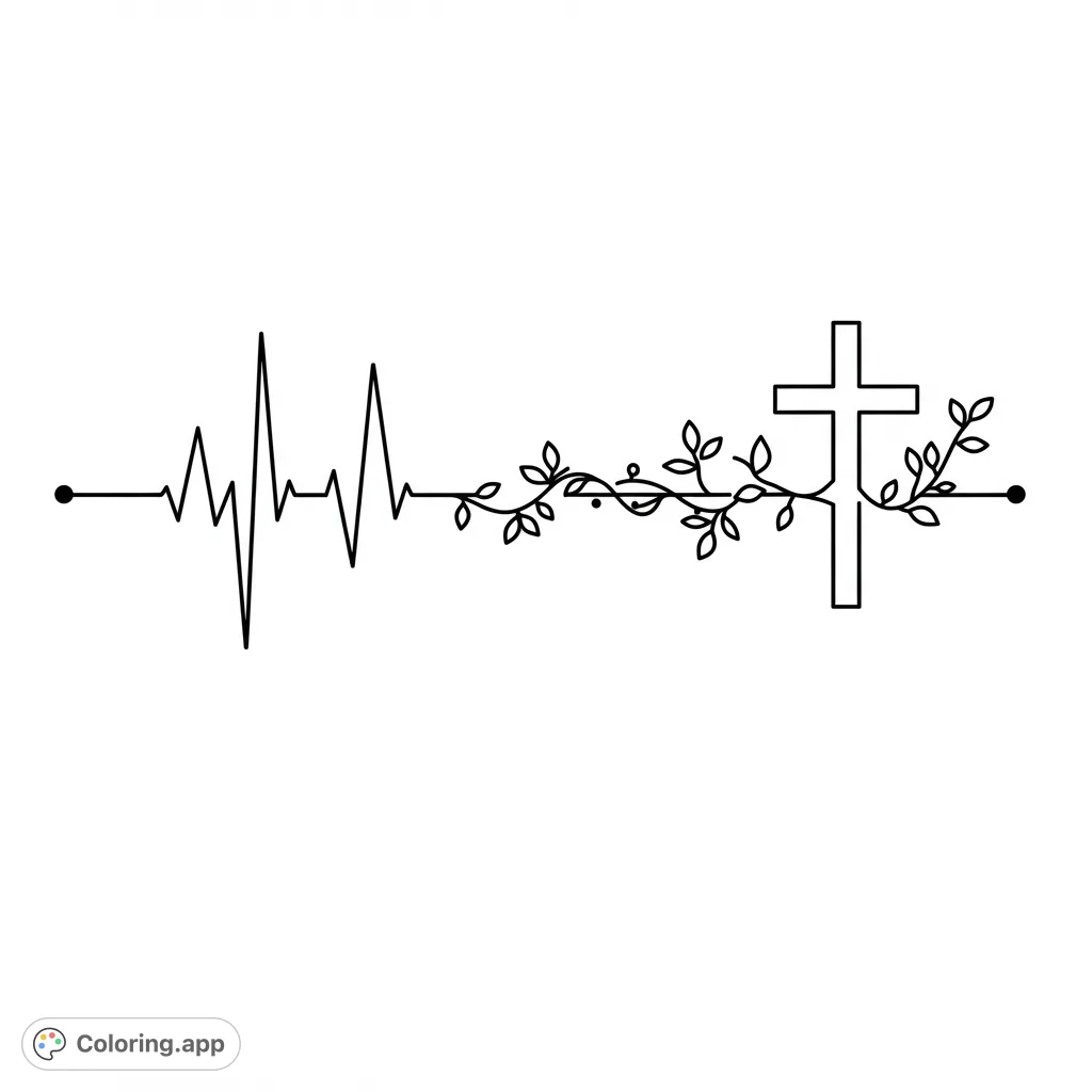 A unique spiritual heartbeat coloring page featuring a dynamic ECG line flowing into a beautiful vine-wrapped cross. Free printable for all ages.