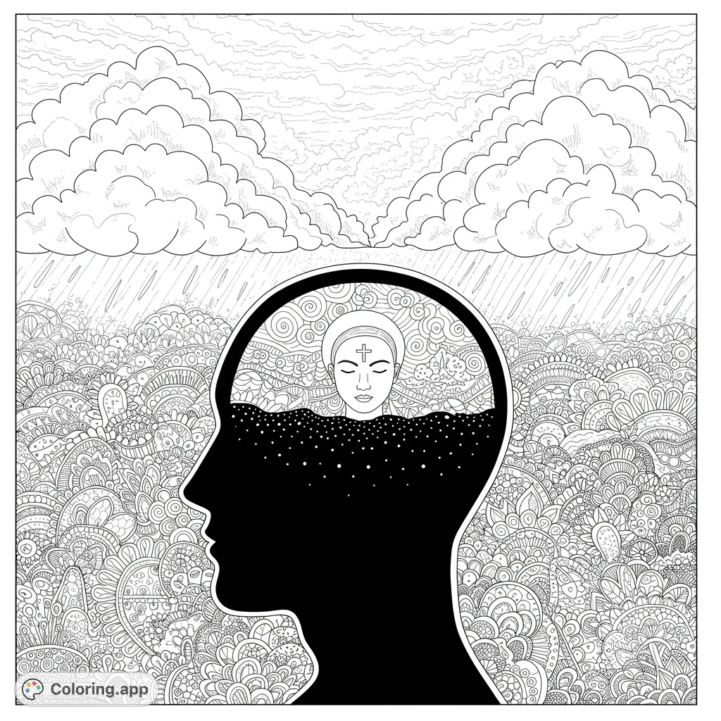 Explore a serene inner world within a human silhouette, featuring a peaceful face, intricate patterns, and a rainy sky. A meditative coloring experience.