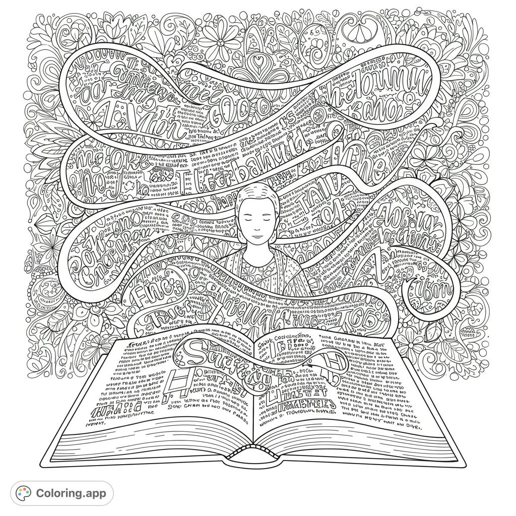 Immerse in a tranquil reading scene with a serene figure, open book, and flowing patterns amidst intricate floral designs. A meditative coloring experience.