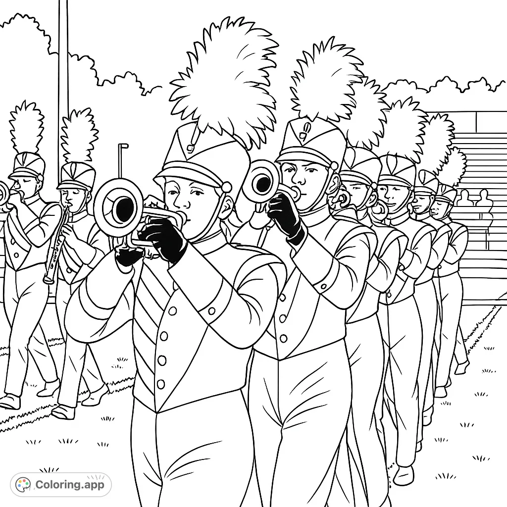 A vibrant marching band steps out in full uniform, playing instruments. Perfect for a musical parade coloring page, celebrating rhythm and community spirit.