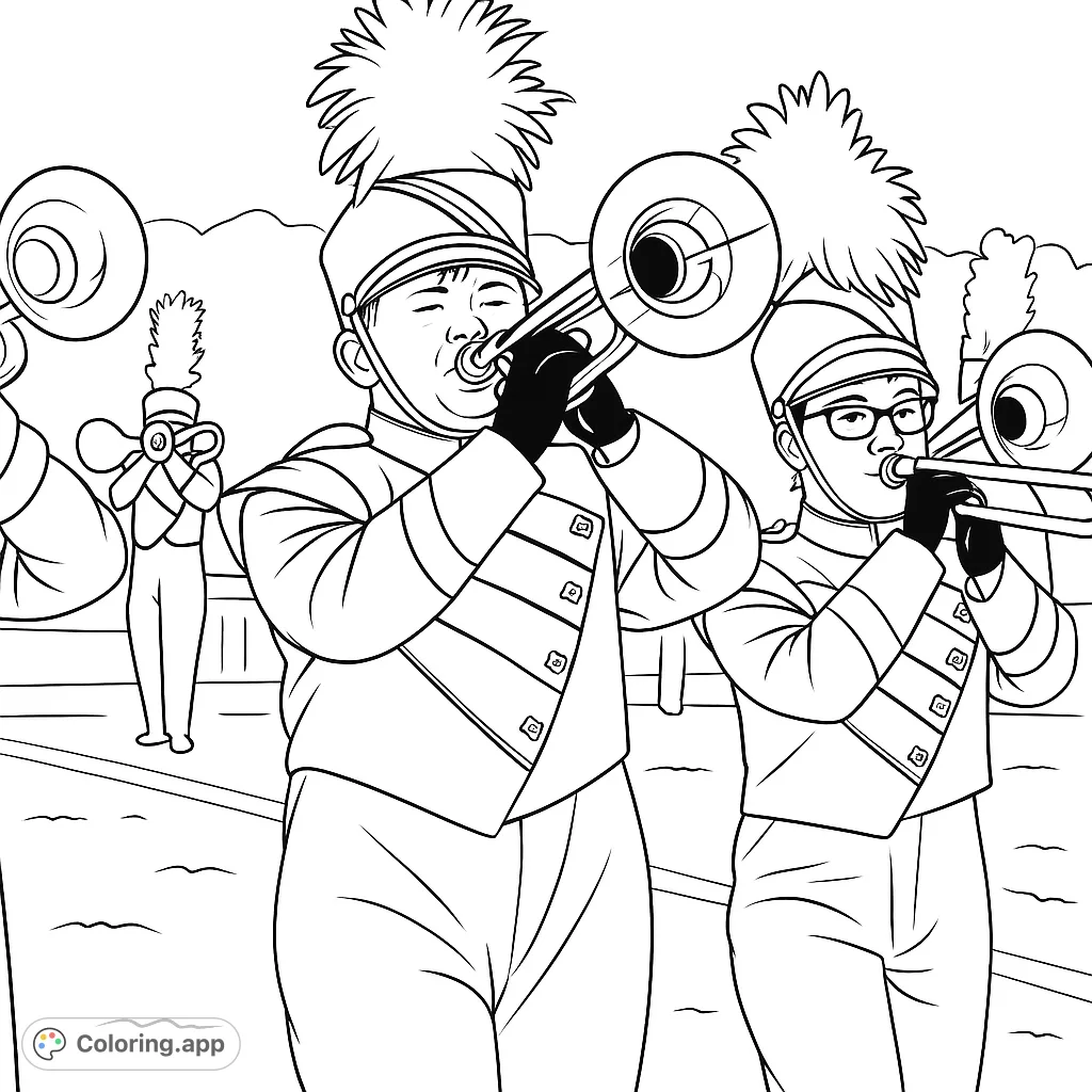 Dynamic marching band coloring page featuring musicians in detailed uniforms playing brass instruments. Free printable for all ages!