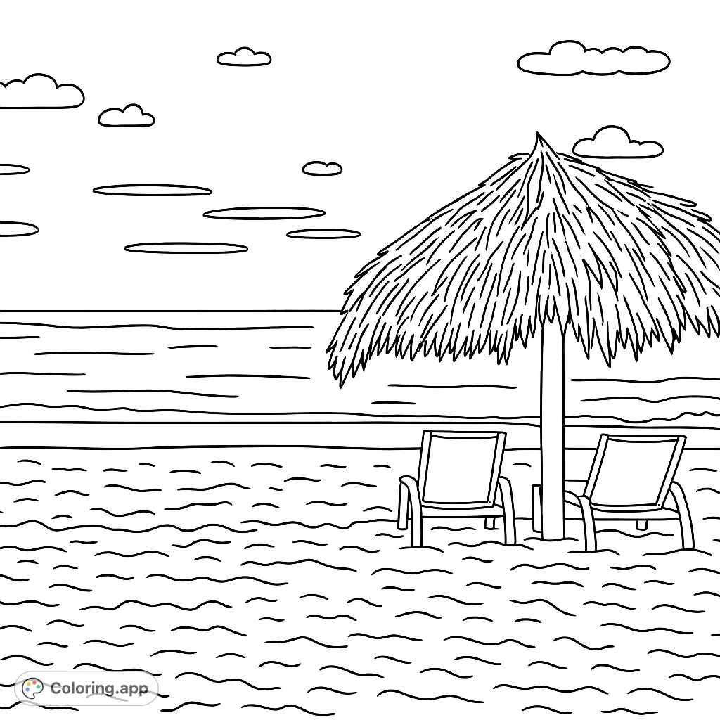 Escape to a tranquil beach with a thatched umbrella and two chairs by the ocean. Perfect for a relaxing tropical coloring page adventure.
