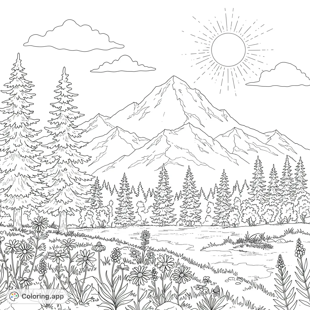 A serene mountain landscape coloring page featuring a vibrant wildflower meadow, dense evergreen forests, and majestic peaks under a radiant sun.
