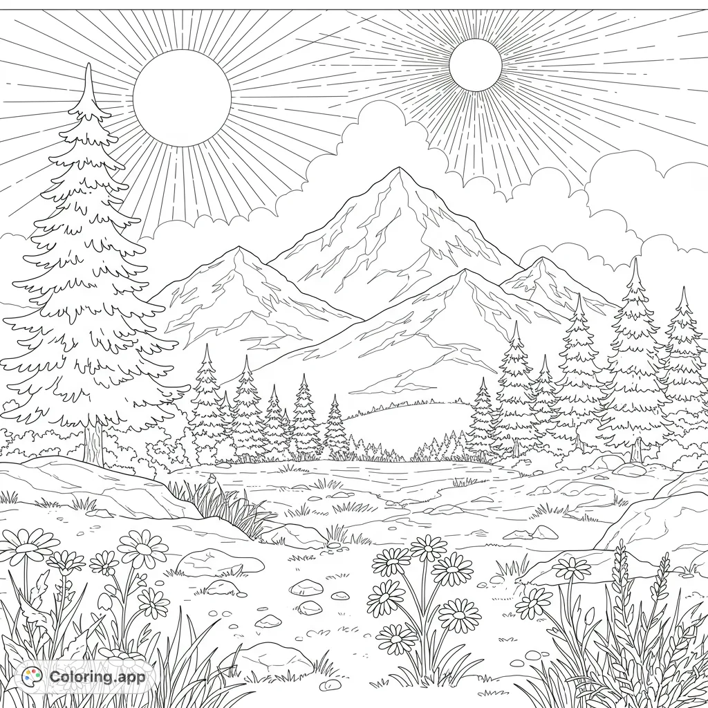 A beautiful mountain landscape featuring towering peaks, lush pine trees, vibrant wildflowers, and two radiant suns in a clear sky. Perfect for nature lovers.