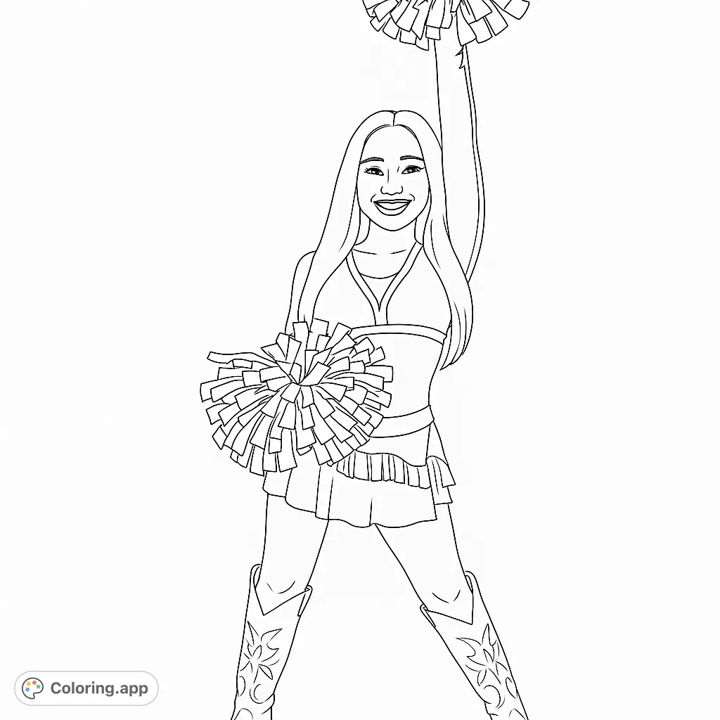 An energetic cheerleader with pom-poms, ready to inspire team spirit. Perfect for a fun, vibrant, and dynamic coloring experience.