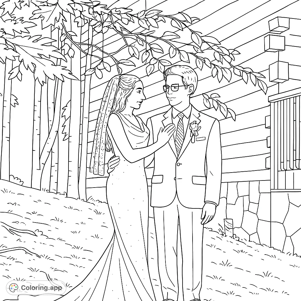 A romantic wedding couple coloring page, perfect for celebrating love. This free printable coloring page features a bride and groom outdoors.