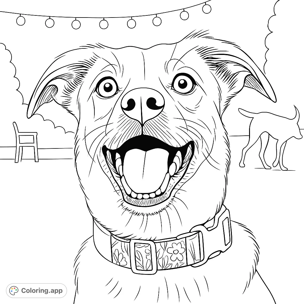 A delightful close-up of a happy dog with an open mouth and patterned collar, set against a backyard scene with lights and another dog.