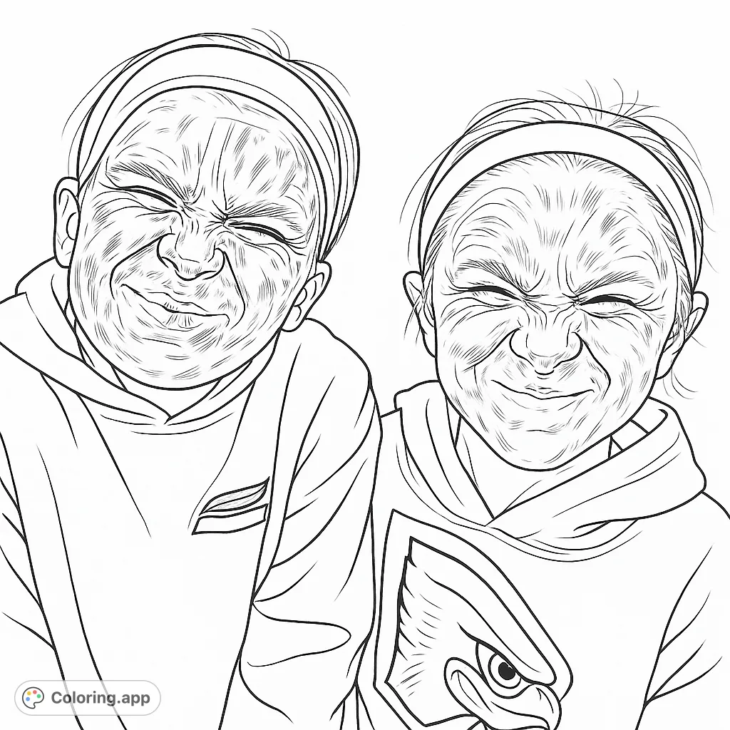 A fun, expressive coloring page featuring two individuals making hilariously scrunched-up faces, perfect for a playful coloring experience.