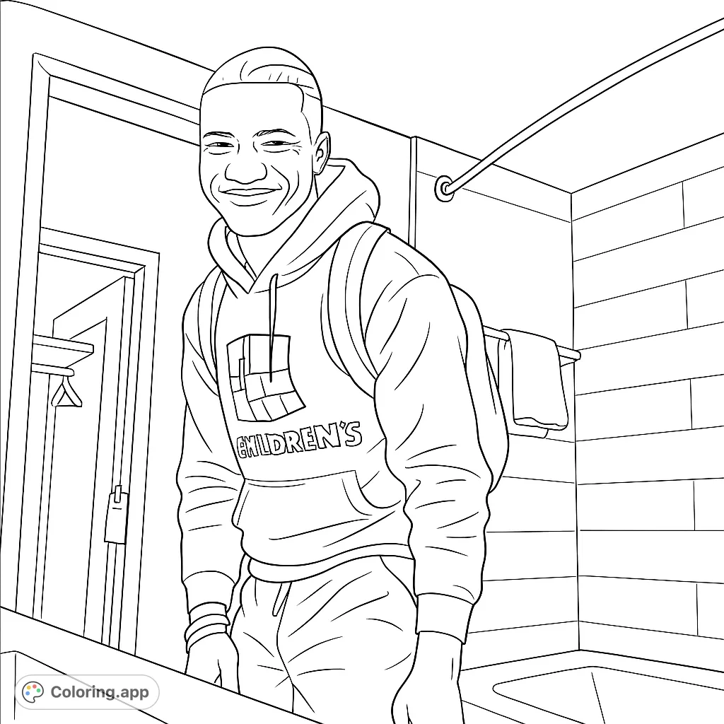 A friendly young man in a hoodie and backpack smiles in a detailed indoor setting, perfect for a free printable coloring page.