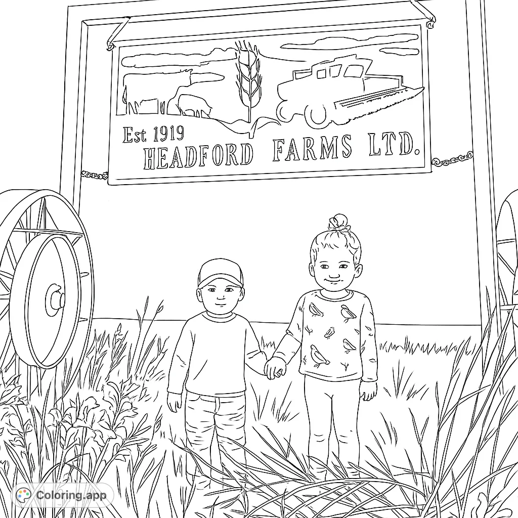 Two happy children hold hands in tall farm grass, beneath a large sign depicting a tractor, cows, and wheat. A charming farm scene.