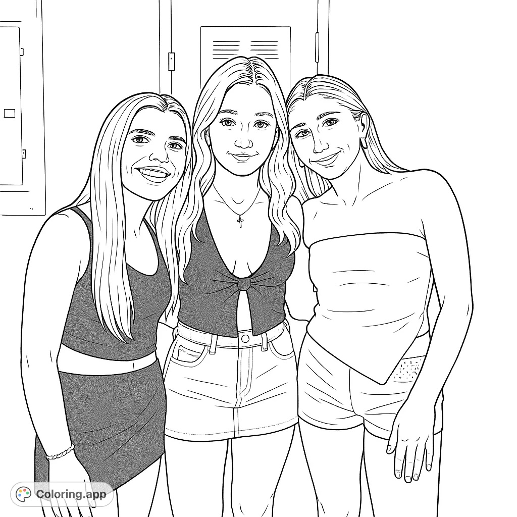 Three smiling friends pose in a detailed line art scene, perfect for a friendship-themed coloring page. Free printable for all ages to enjoy and personalize.