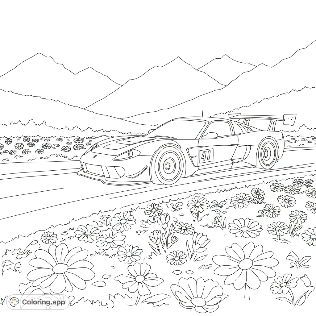 Sleek race car speeds through a vibrant mountain landscape adorned with blooming flowers. A dynamic free printable coloring page for all ages.
