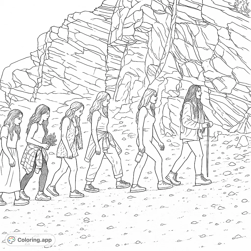 Six women hike a rocky trail, surrounded by layered cliffs. A detailed outdoor adventure scene for coloring.