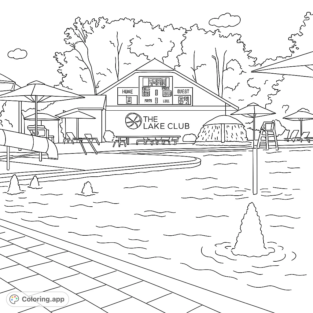 Dive into a detailed lakeside pool club scene! Features a large pool, water slide, club building, umbrellas, and trees. Perfect for a relaxing summer coloring escape.