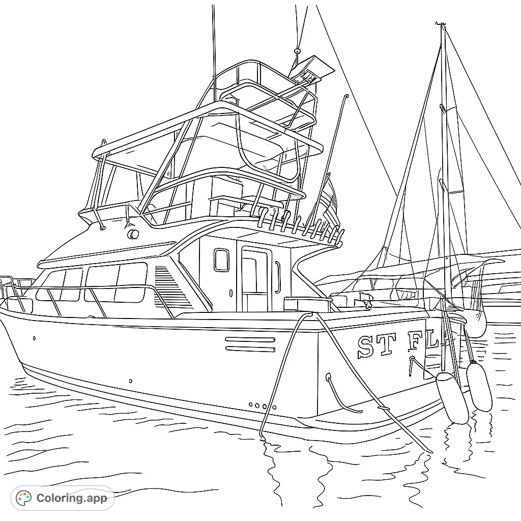 Detailed fishing yacht coloring page, perfect for boat enthusiasts. Features a large vessel with flybridge, flag, and water reflections. Free printable coloring page for all ages.