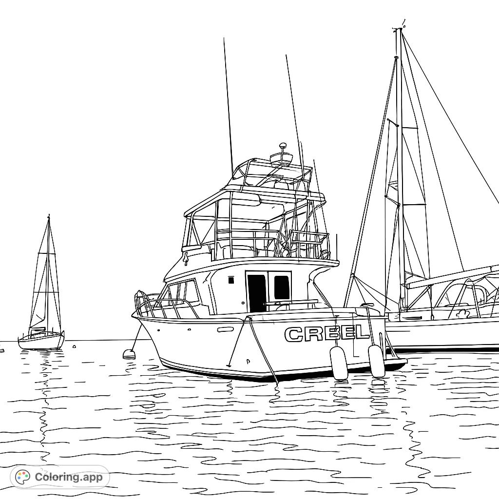Explore a serene marina scene featuring a detailed motor yacht, a grand sailboat, and a distant vessel, all waiting for your creative colors.