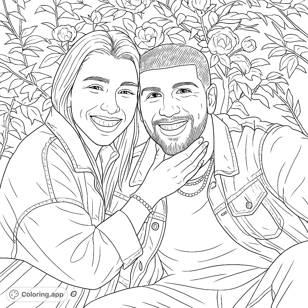 A romantic couple smiles joyfully amidst a beautiful rose garden. This free printable couple's coloring page is perfect for adults and teens, offering a delightful artistic escape.