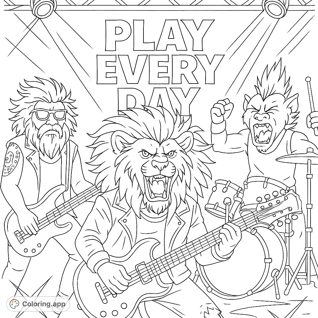 Dynamic animal rock band coloring page featuring a roaring lion guitarist, cool bear bassist, and energetic drummer on stage. Free printable fun!